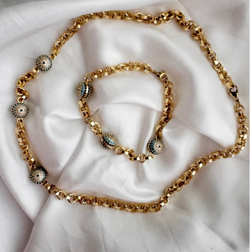 Gold‎ Tone Evil Eye Jewelry Set Chunky Link Necklace and Bracelet Pavé Crystal